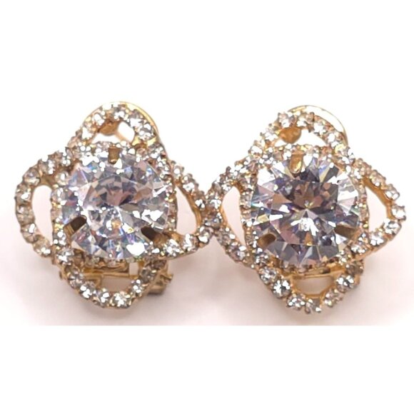 Unbranded Jewelry - Vintage Gold-Tone Clip-On Earrings With Large Round Clear Rhinestones & Pave Set